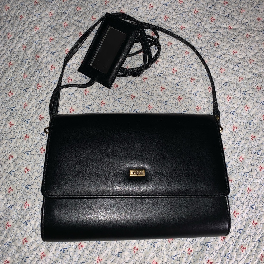 Buxton purse, real black leather, vintage, crossbody, 8”x12”
